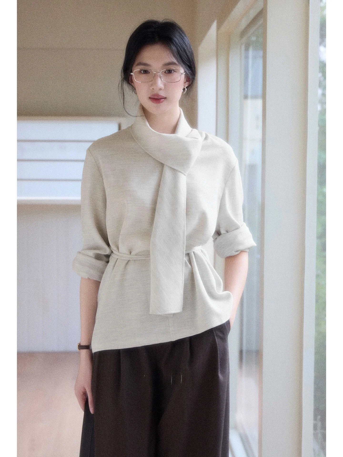 

Loose Long Sve irt Women's Design Netie V-ne Scarf Collar Commute Sle Polyester Blend Breathable Casual Top