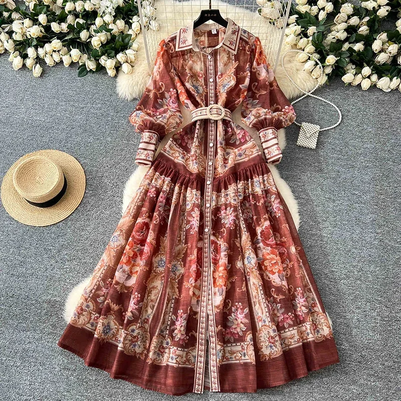 New Retro Court Printed Lapel Lantern Sleeve Cinched Waist Single Breasted Dress Women's Long Sleeved Elegant Long Dress A299