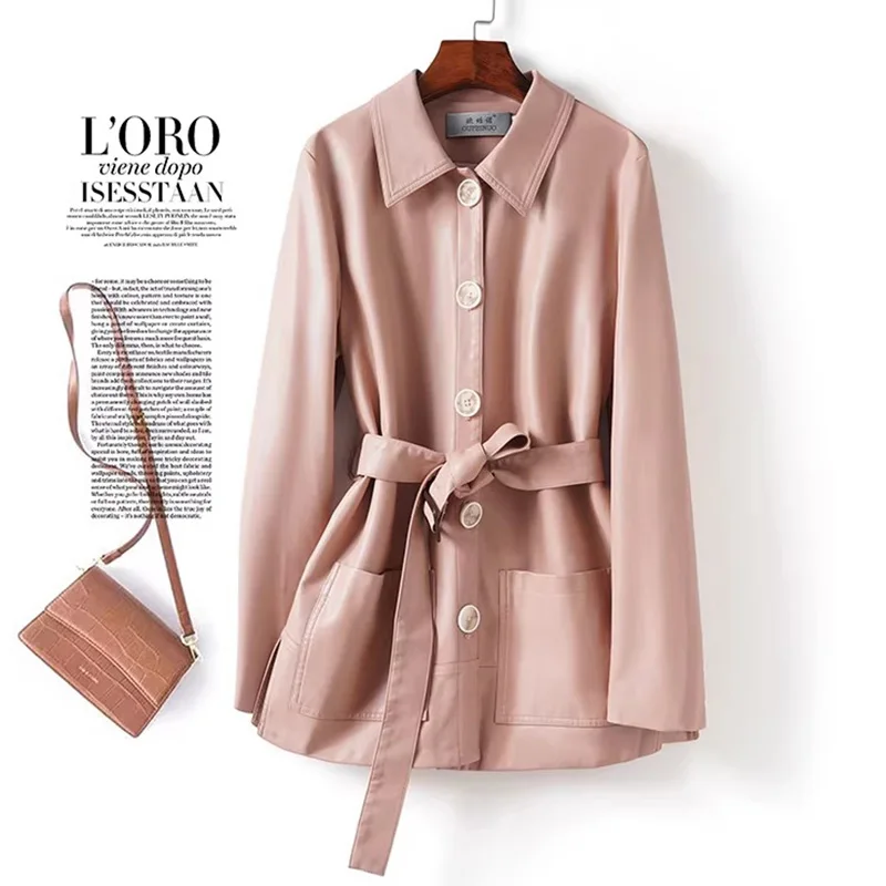 New Women Mid-Long Split Leather Coat Spring Autumn Fashion Turn-down Collar Single Breasted Slim Waist with Belt Short Coat