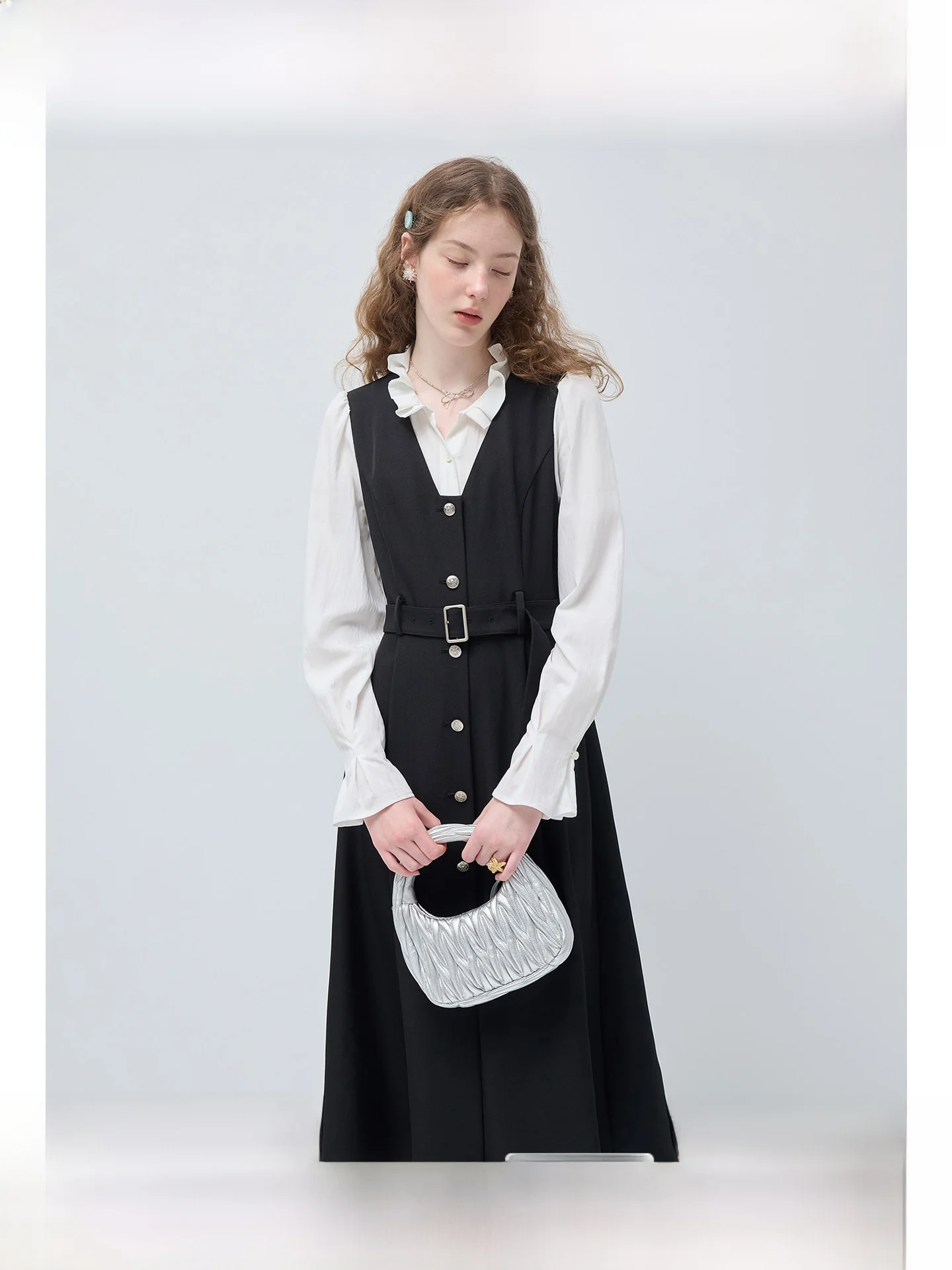 

Large Size Women's Fake Two-Piece Dress Color Block A-Line Waist-Cinching Slimming Spring Versatile plus Size Long Dress