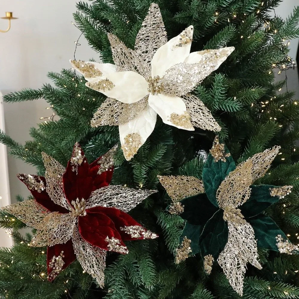 29cm Artificial Christmas Flower Velvet Simulation Christmas Tree Wreath Handmade Realistic Xmas Tree Ornaments Xmas Party
