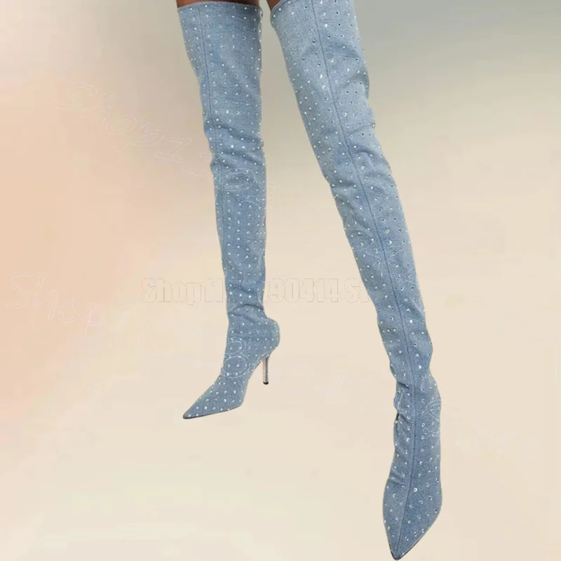 

Sky Blue Denim Hollow Design Pointed Toe Boots Slip On Women Shoes Thin High Heels Fashion Party Feast 2025 Zapatos Para Mujere