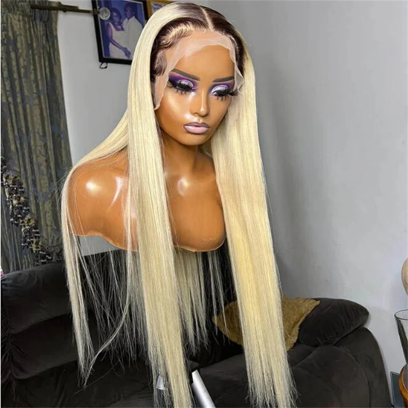 

Glueless Long 26Inch 180Density Ombre Blonde Straight Lace Front Wig For Women BabyHair Heat Resistant Preplucked Daily