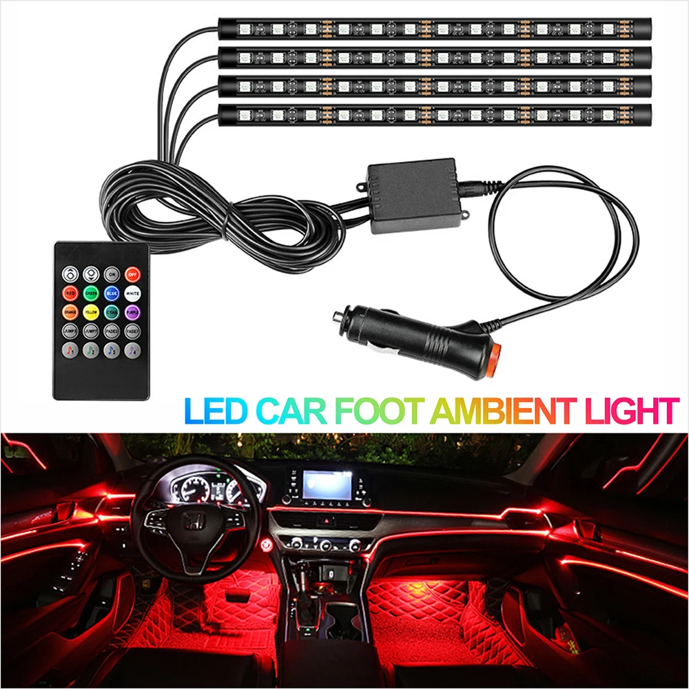 72/48/36 LED RGB Car Foot Ambient Lights with USB Cigarette Automotive Interior Lights Strip Decoration Bar Remote/Voice Control