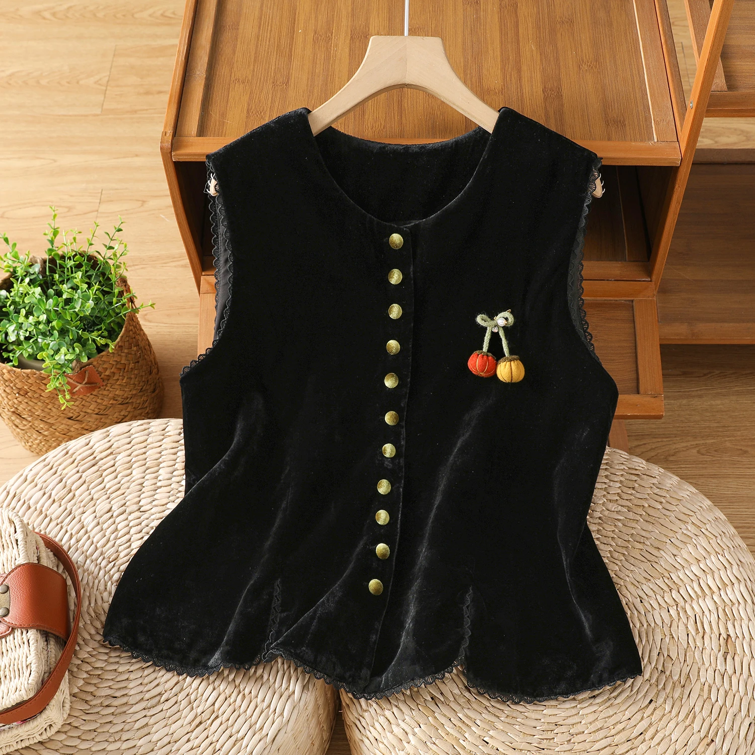 Women's Velvet Jacket Multi-Button Color Block National Style Fashionable Autumn New Arrival Vest Top Quality Polyester