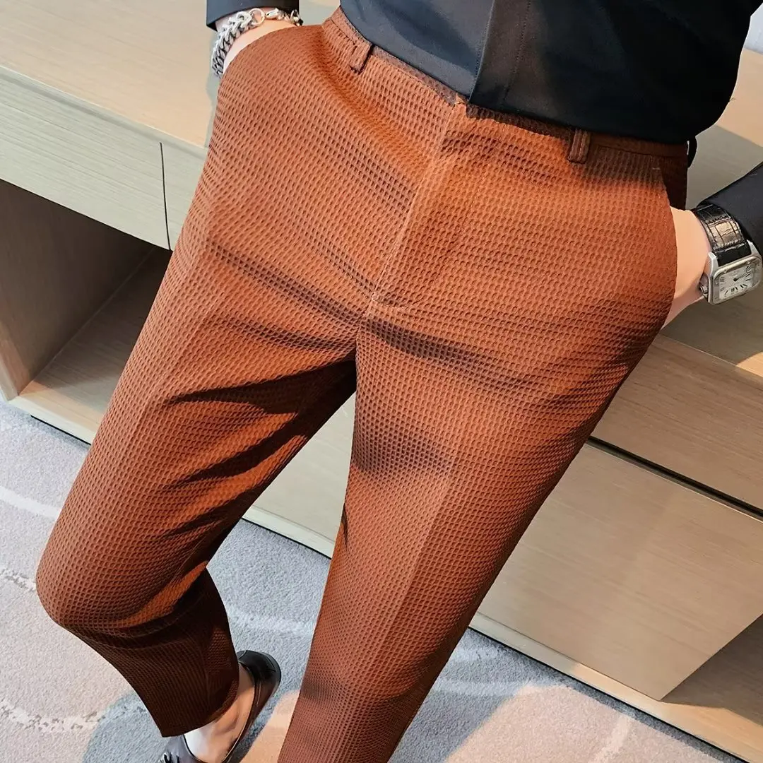 

Japanese Business Micro Bounce Men's New Fashion Simple Nine Points Sports Pants Fashion Brand Waffle Men's Casual Pants