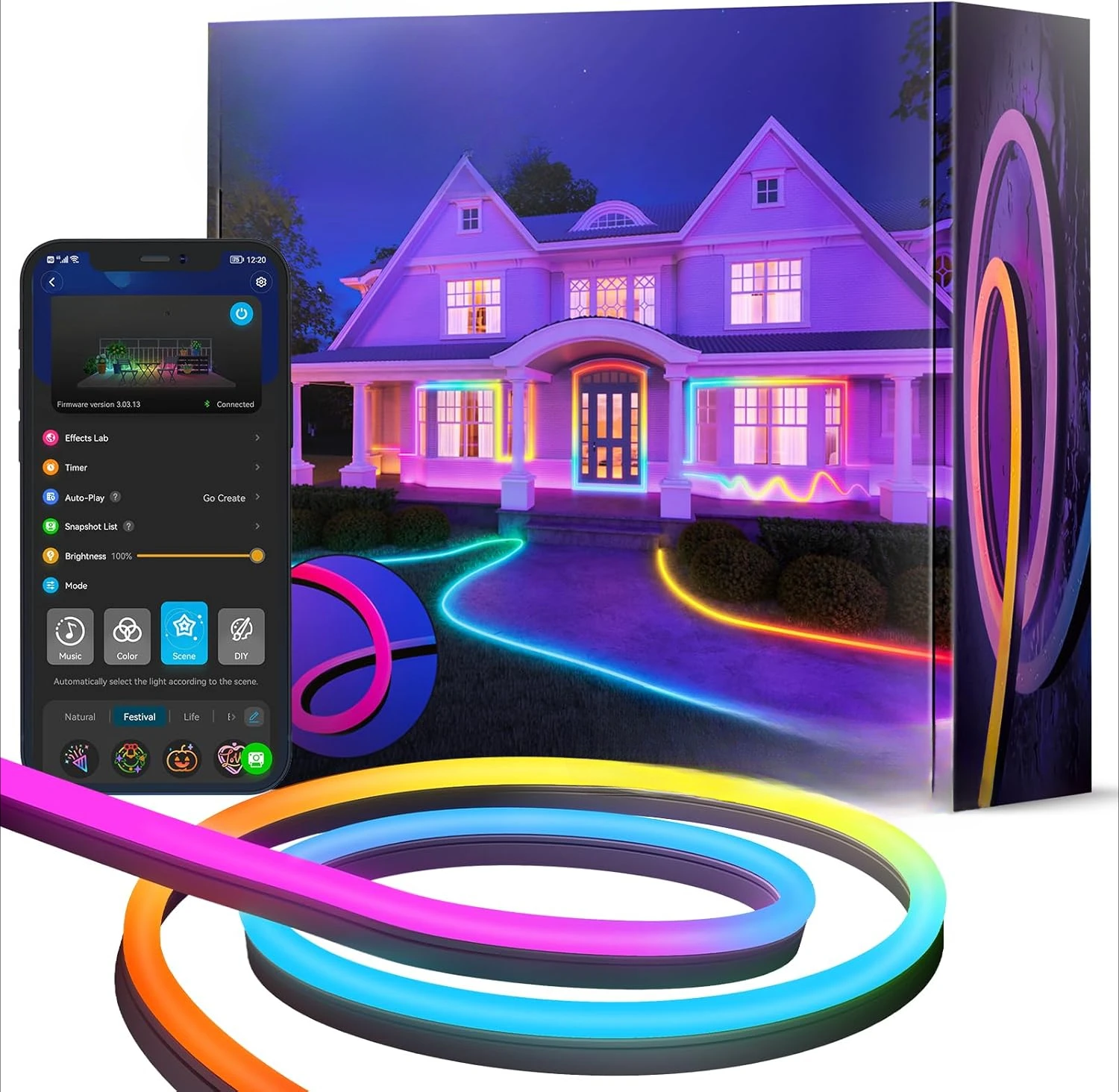 

Outdoor Neon Rope Lights, 32.8ft RGBIC IP67 Waterproof Halloween Decorations with 64 Scene Modes