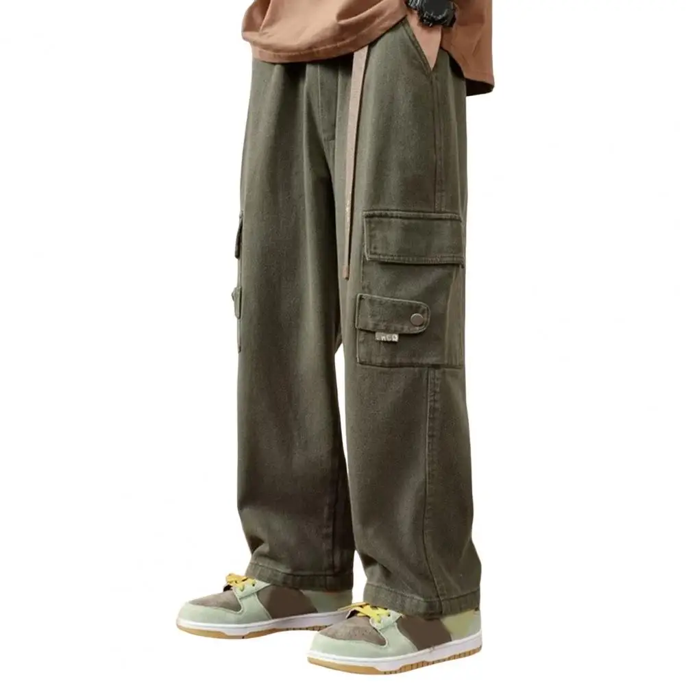 

Vintage Men Cargo Pants with Elastic Waist Multi Pockets Strap Decor Loose Streetwear