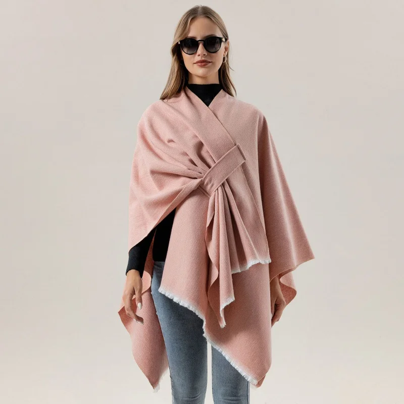 Solid Fashion Knitted Shawl European and American Plain Color plus Bar Split Cloak Outer Wear Warm Scarf