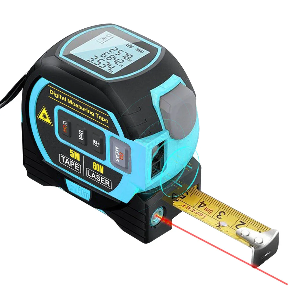 

Newest 3 in 1 Laser Rangefinder 5M Tape Measure Ruler LCD Display with Backlight Distance Meter Building Measurement Device