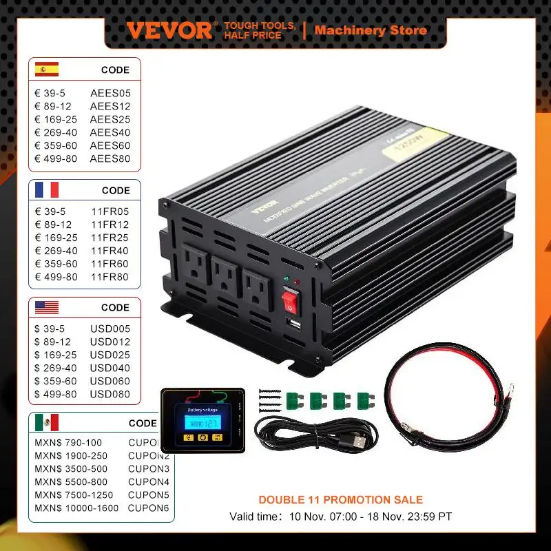 VEVOR Modified Sine Wave Power Inverter 1250/2500/5000/6000 W DC 12/24/36/48 V to AC 120V Car Converter for RV Camping Emergency