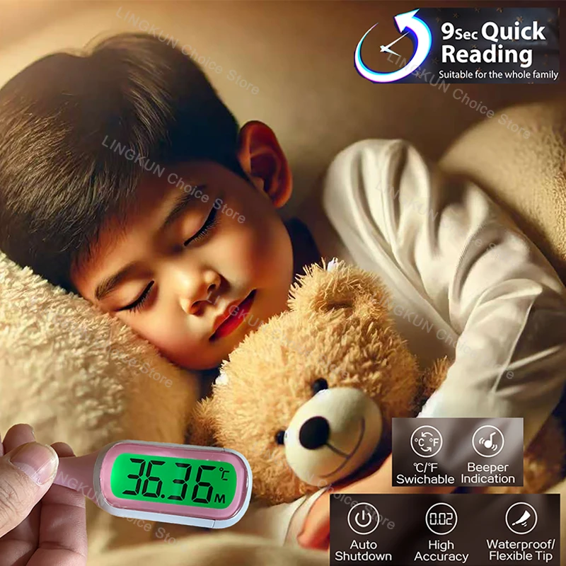 Silicone 9 Seconds Digital Basal Thermometer for Adults Kids - Accurate Oral Thermometer with Fever Alarm for Baby Large Display