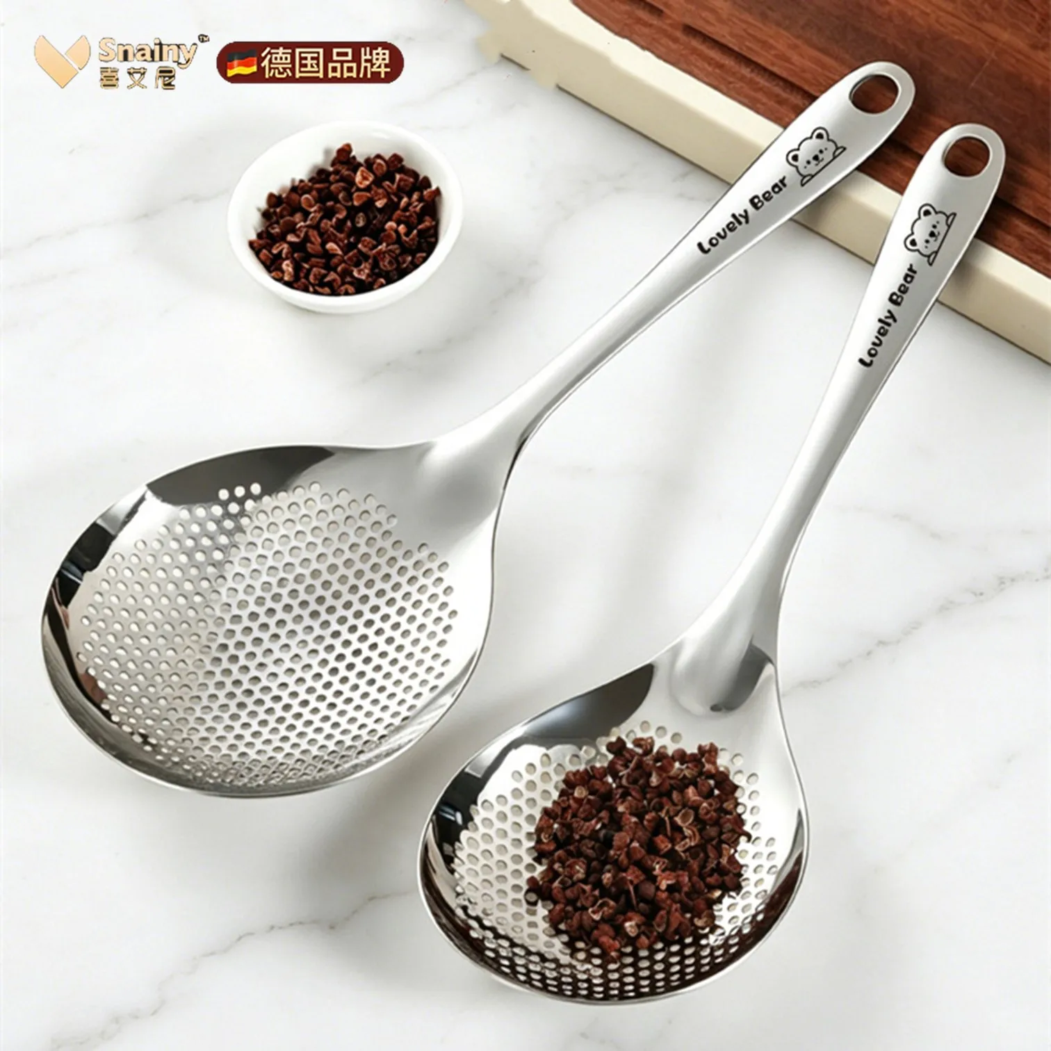 Snainy LFGB Certification Pure 304 Stainless Steel Cooking Sieve 2 Size Options Frying Colander with Ultra Thick and Long Handle