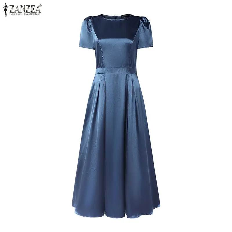 2026 ZANZEA Sommer Damen Kurzarm A-Linien Satin-Sommerkleid Elegantes Partykleid Hohe Taille Einfarbiges Luxus-Abendkleid