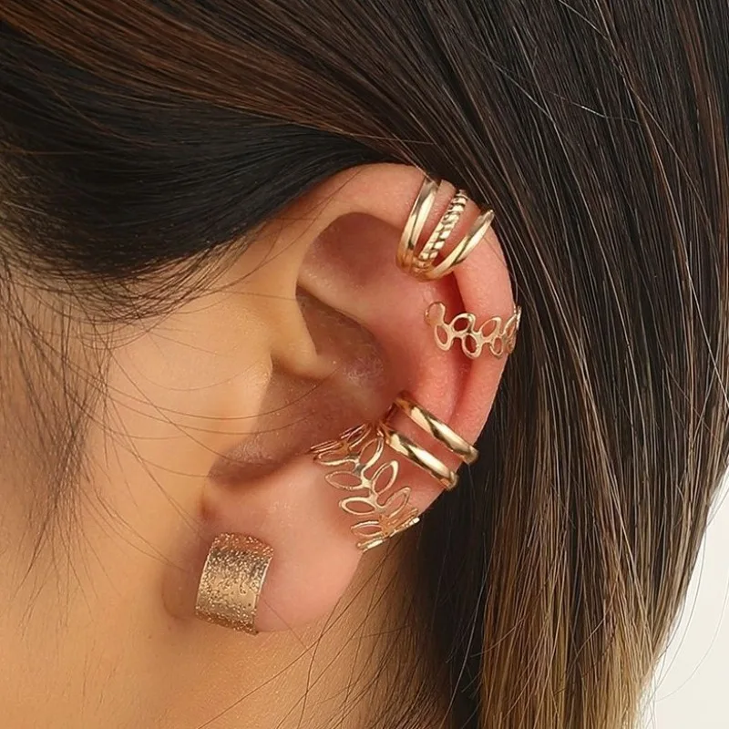 5pcs Silver Color Leaves Clip Earrings for Women Men, Creative Simple C Ear Cuff Non-Piercing Ear Clip Set Trend Jewelry Gift image 5