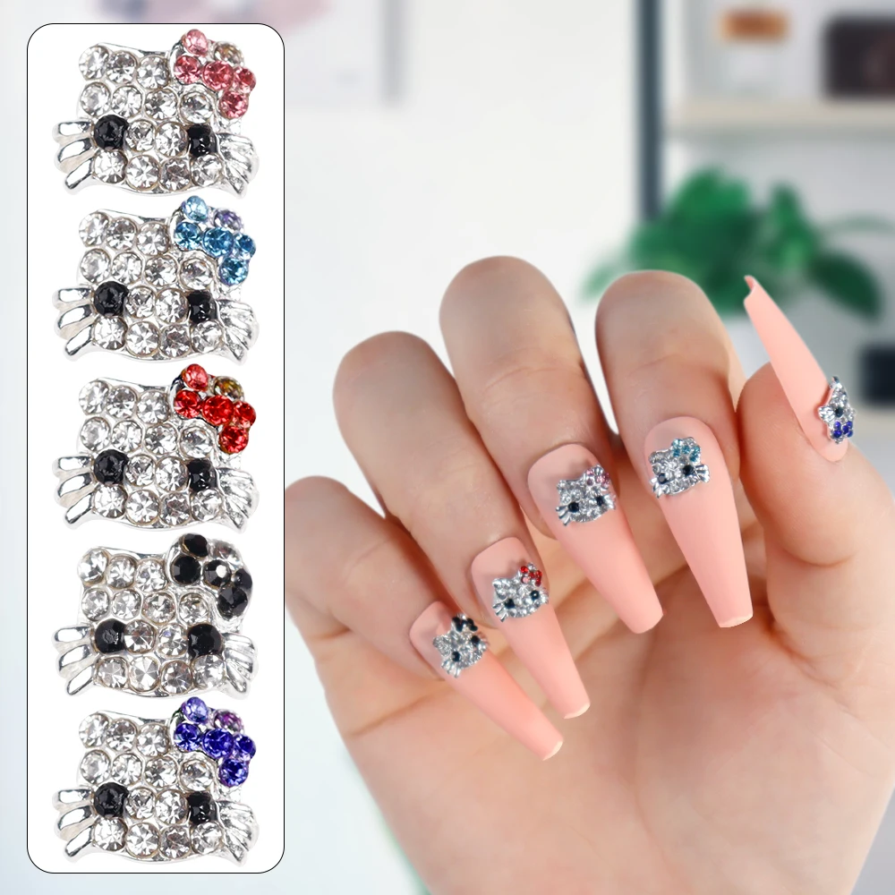10Pcs 3D Full Diamond Hello Kitty Nail Art Charms Alloy Kitty Head Crystal Rhinestones Red/Blue/Pink Bow Gem Nail Decoration