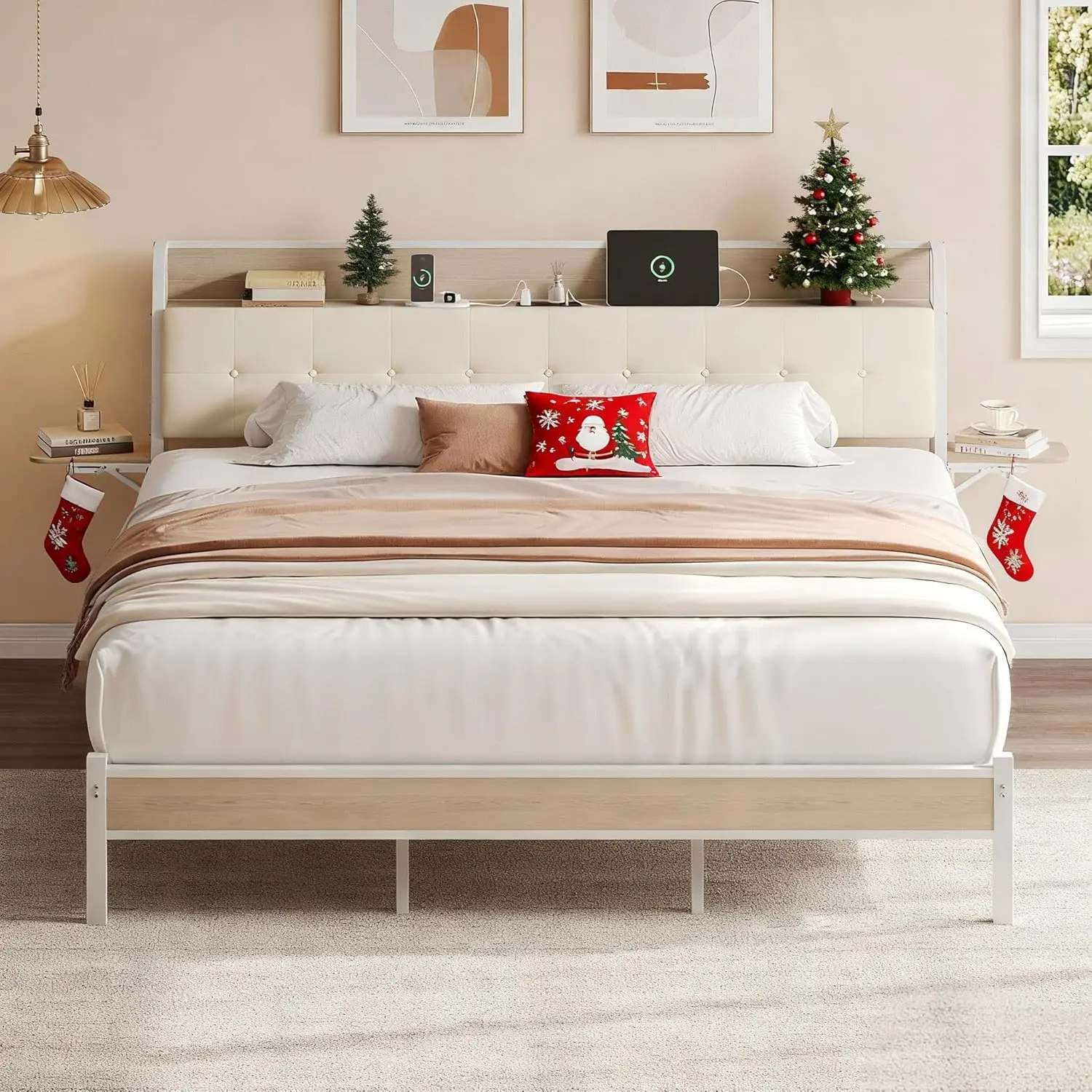 

Каркас двуспальной кровати с изголовьем для хранения вещей и светодиодной подсветкой, кровать на металлической платформе со складными полками и зарядной станцией, без коробчатой пружины