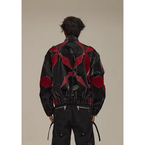 Gmiixder veste en cuir épissé noir rouge noël exclusif Rivet décoration manteau en cuir ample 2025 printemps automne nouveau produit