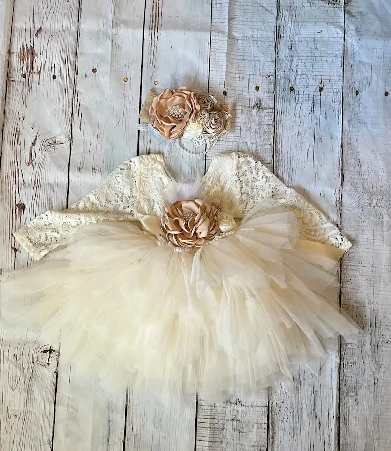 Ivory Flower Girl Dress,Long Sleeve lace Tulle Tutu dress, Holiday Party toddler outfit, handmade headband and sash gift