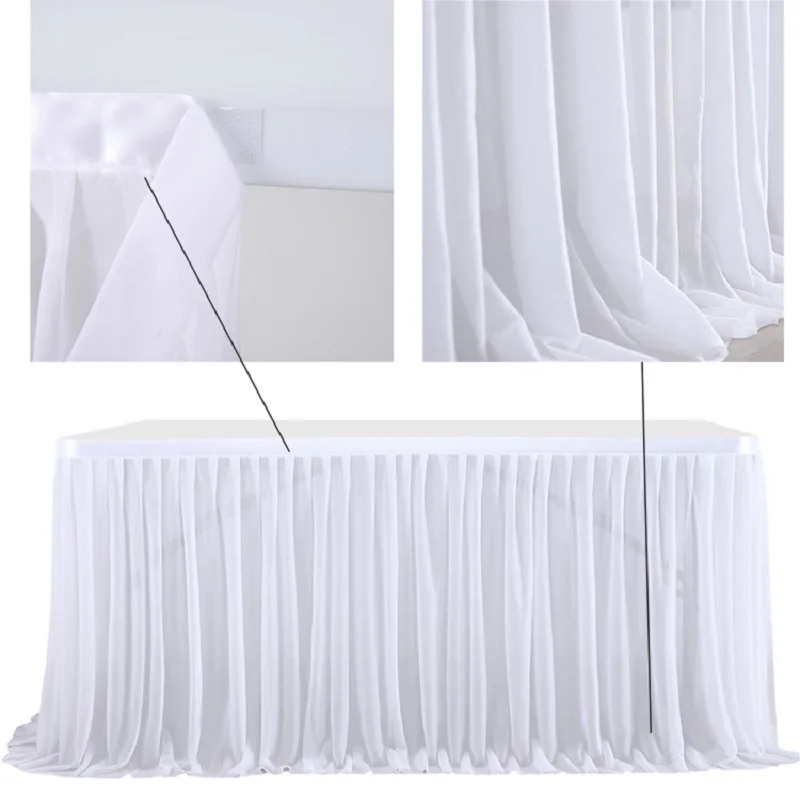 Pearl Chiffon Pleated Table Wrap Birthday Party Wedding Decoration Table Skirt, Ruffle Edge Elastic Sheer Table Skirt