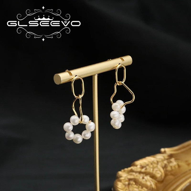 GLSEEVO Hoop Handing Round Nature Freshwater Pearl Earrings for Woman Stitch Plated Exquisite Lady Wedding Jewelry