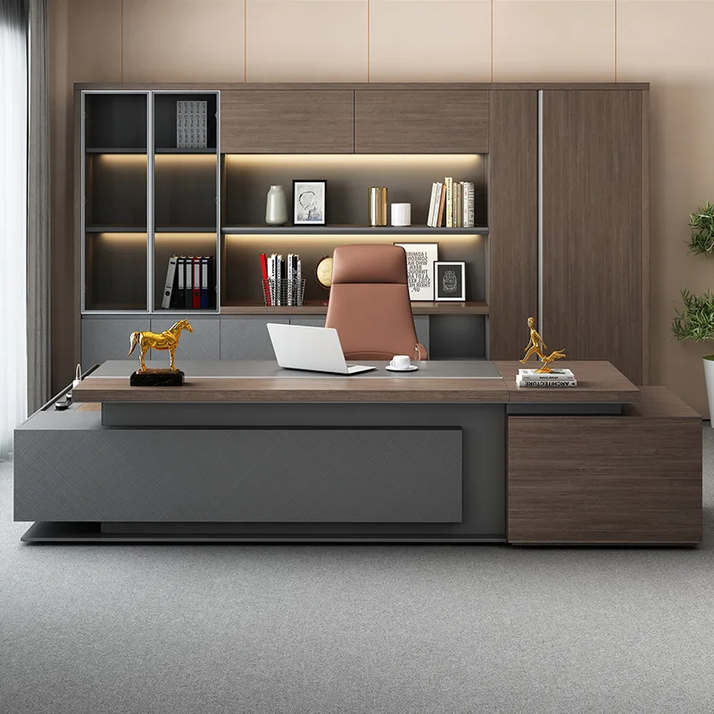 Modern Extendable L-Shaped Executive Desk For Manager CEO Office With File Cabinets And Bookshelf Made Of Melamine Board