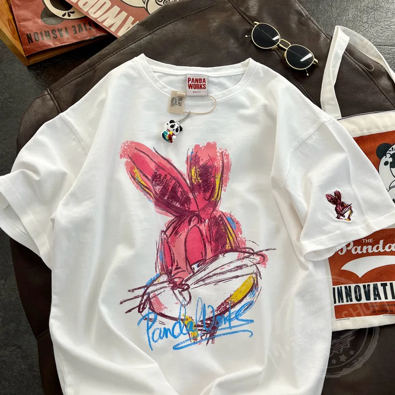 2023 Spring New Korean Cartoon Rabbit Painting Leisure Half Sleeve Round Neck Pullover Cotton Short Sleeve T-shirt Female