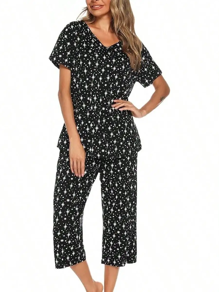 

Womens Cotton Pajama Set Short Sleeve Top Capri Pants Sleepwear Summer