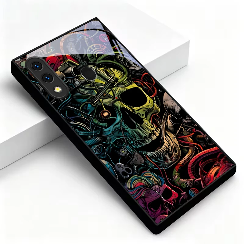 Neon Tech Skull Graffiti Black Glass Phone Case For Samsung A30 A31 A32 A33 A34 A35 42 20 A25 A26 A51 A56 A54 A72 A73 A70 Cover