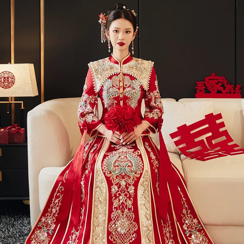 Embroidery Dragon Phoenix Bride Costume Toast Clothing Elegant Wedding Dress Vintage Traditional Chinese Women Marriage Set