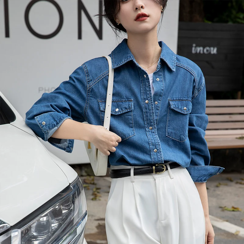 Autumn  Simple  Fashion  Loose Vintage Women  Denim Long Sleeve Shirts Tops  Z132