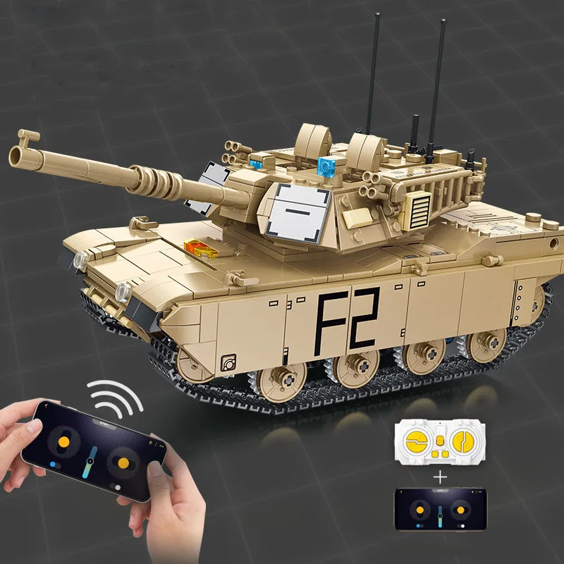 Abrams 메인 배틀 탱크 RC 군용 차량 모델 빌드 블록, 미국, M1A2, WW2 육군 피규어 브릭, 2.4gHZ 리모컨 장난감