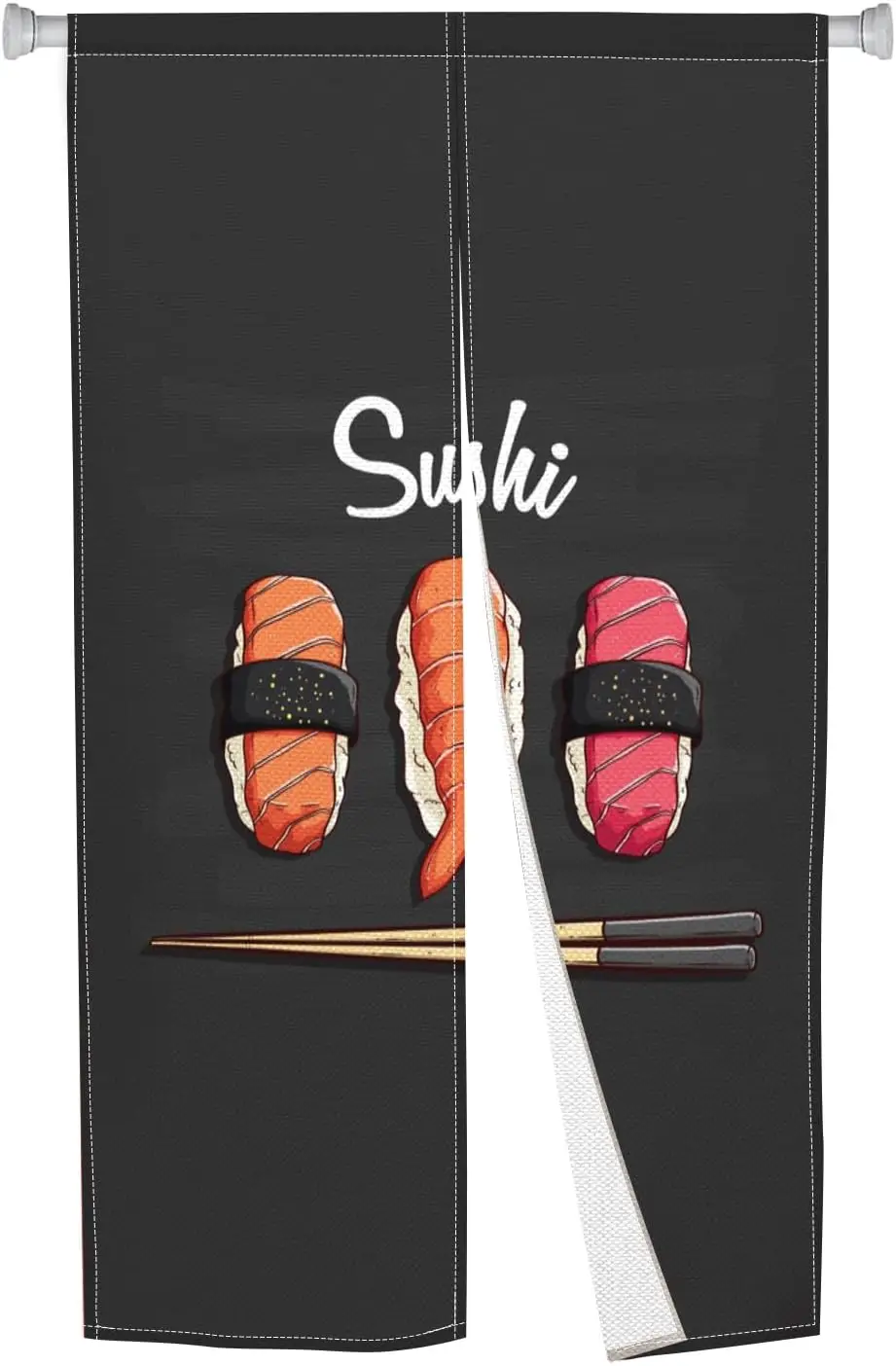 Sushi Nigiri Noren Curtain, Black Background Salmon, Shrimp & Tuna Sushi Design, Japanese Cuisine Kitchen Decor Partition