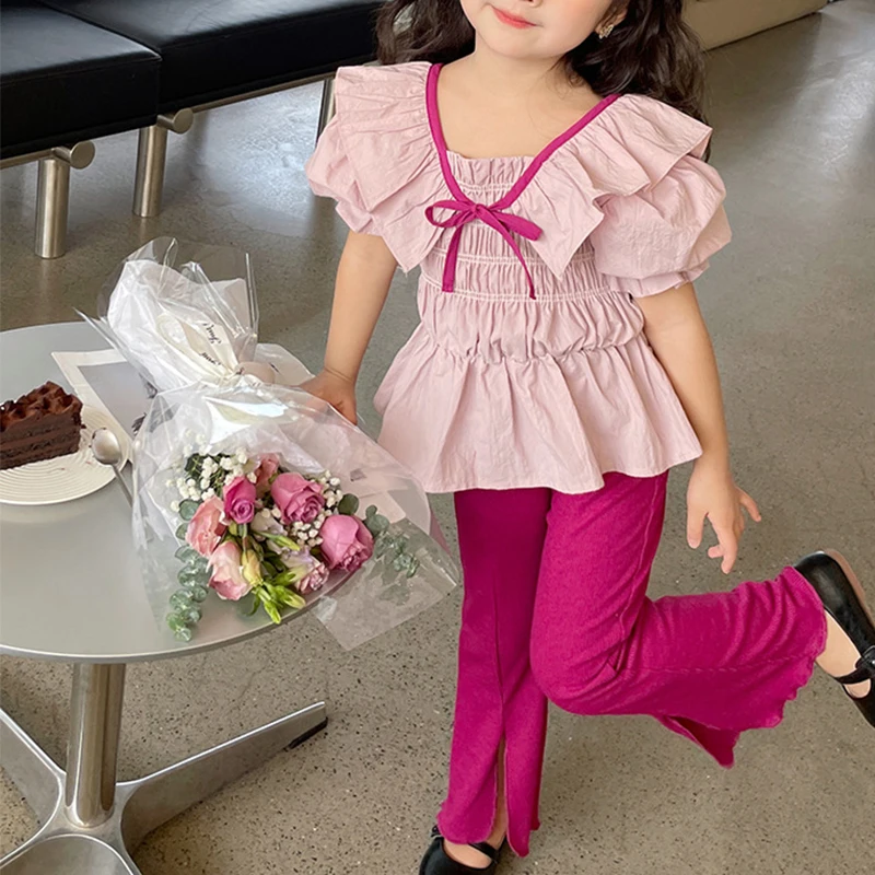 2023 Summer New Girls\' Clothing Sets Korean Bowknot Ruffles Short Sleeve Top+Fashion Bell-bottoms Girls Fashion Kids Outfit