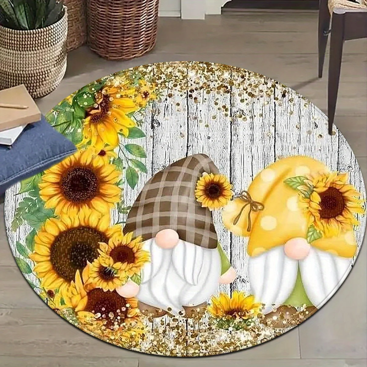 

1 круглая подушка с рисунком гнома подсолнечника, полиэфирная ткань, подходит для украшения спальни и гостиной, для внутреннего использования.