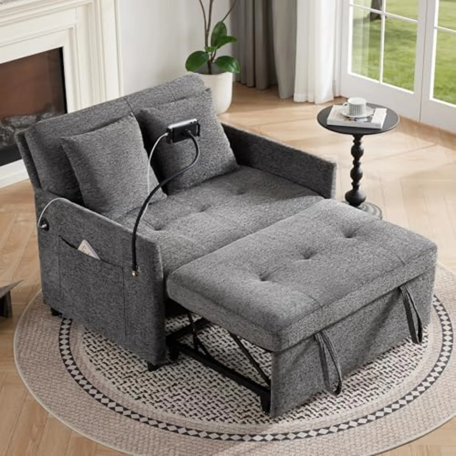 Loveseat Sleeper Sofa Convertible Sofa Bed, Pull out couch, Dark Grey | 3 in 1 couch bed with Phone Holder, Futon Sofa