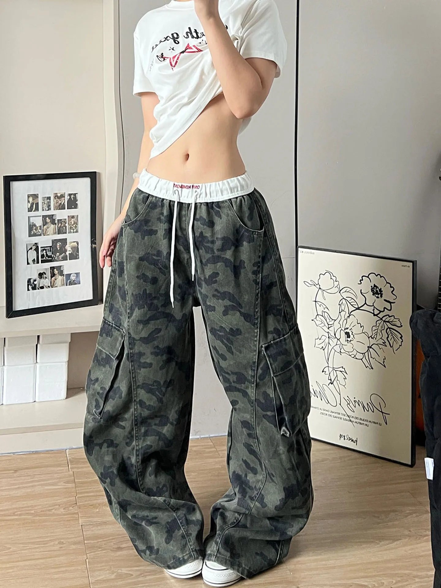 Women American Cargo High Waist Camo Wide Leg Pants Loose Slim Draped Multi Pockets Casual Streetwear Jazz Dance Loose Trousers