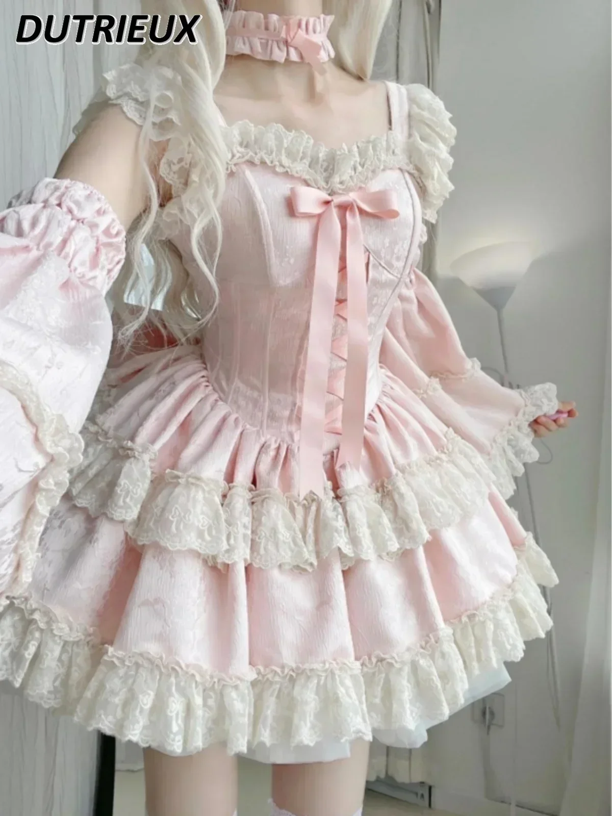 Lolita Sweet Princess High Waist Lace Y2k Dress Summer Pink Cute Girly Ruffle Edge Party Puff Short Dresses and Sleeves