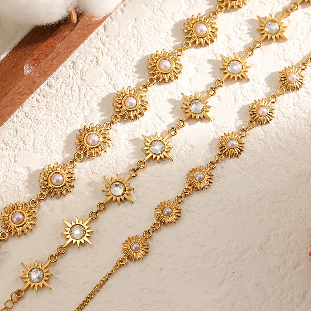 

Fashion Stainless Steel 18K Gold Plated Daisy Bracelets for Women Faux Pearl Flower Bracelets Cute Wrist Jewelry Gifts