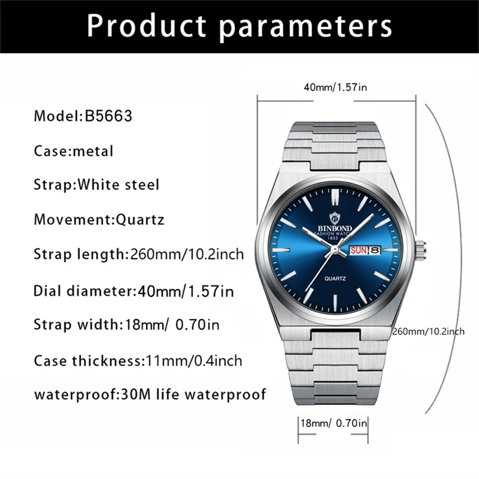 BINBOND الفاخرة الأصلي رجل ساعة تاريخ مضيئة مقاوم للماء الفولاذ المقاوم للصدأ الرجال ساعة اليد الأعمال موضة كوارتز ساعات رجالية