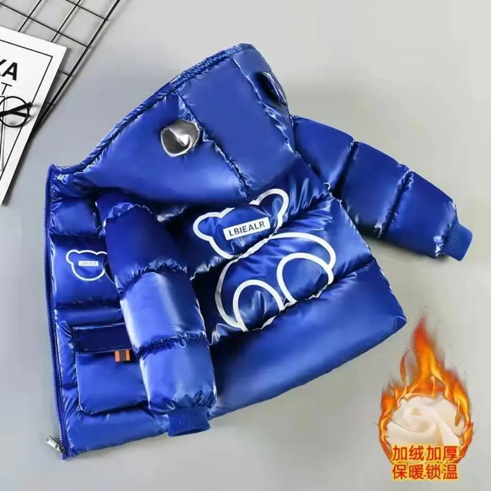 Winter New Boys Girls Thick Jacket Cartoon Bear Glossy Antifouling Lining Plus Velvet Keep Warm Hooded Snowsuit For 2-6 Years