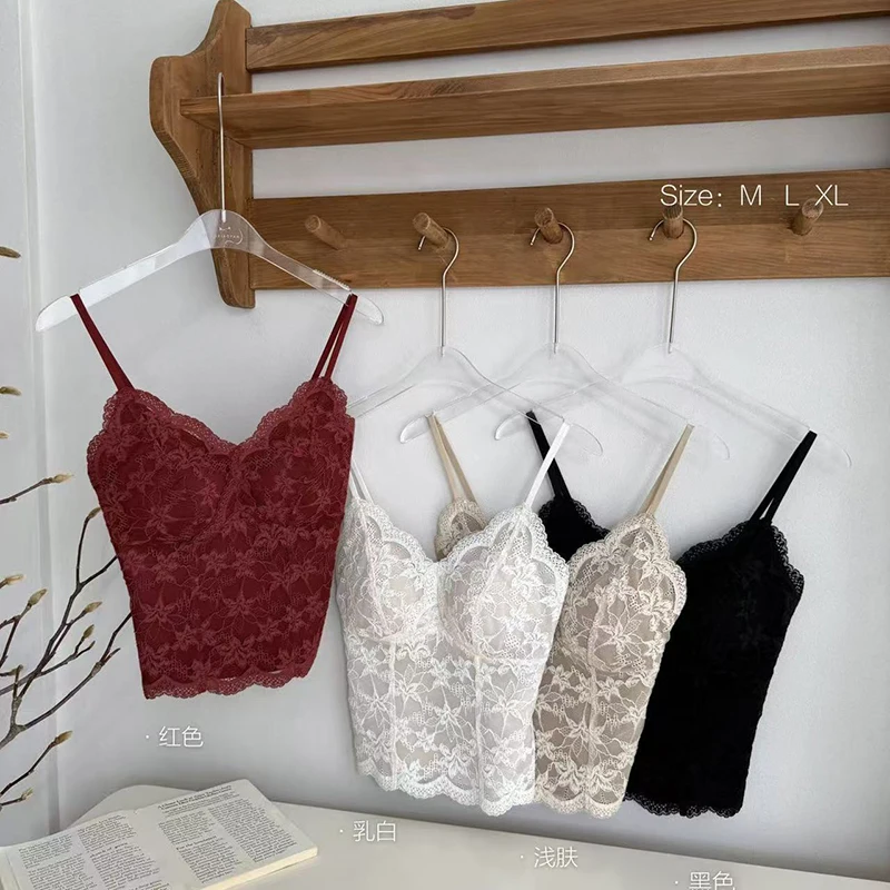 Summer Sexy Lace Tops Women's Hollow Out Camisole Women's Inner Wear Pad Chest Integrated Suit Underwear V-neck Tanks