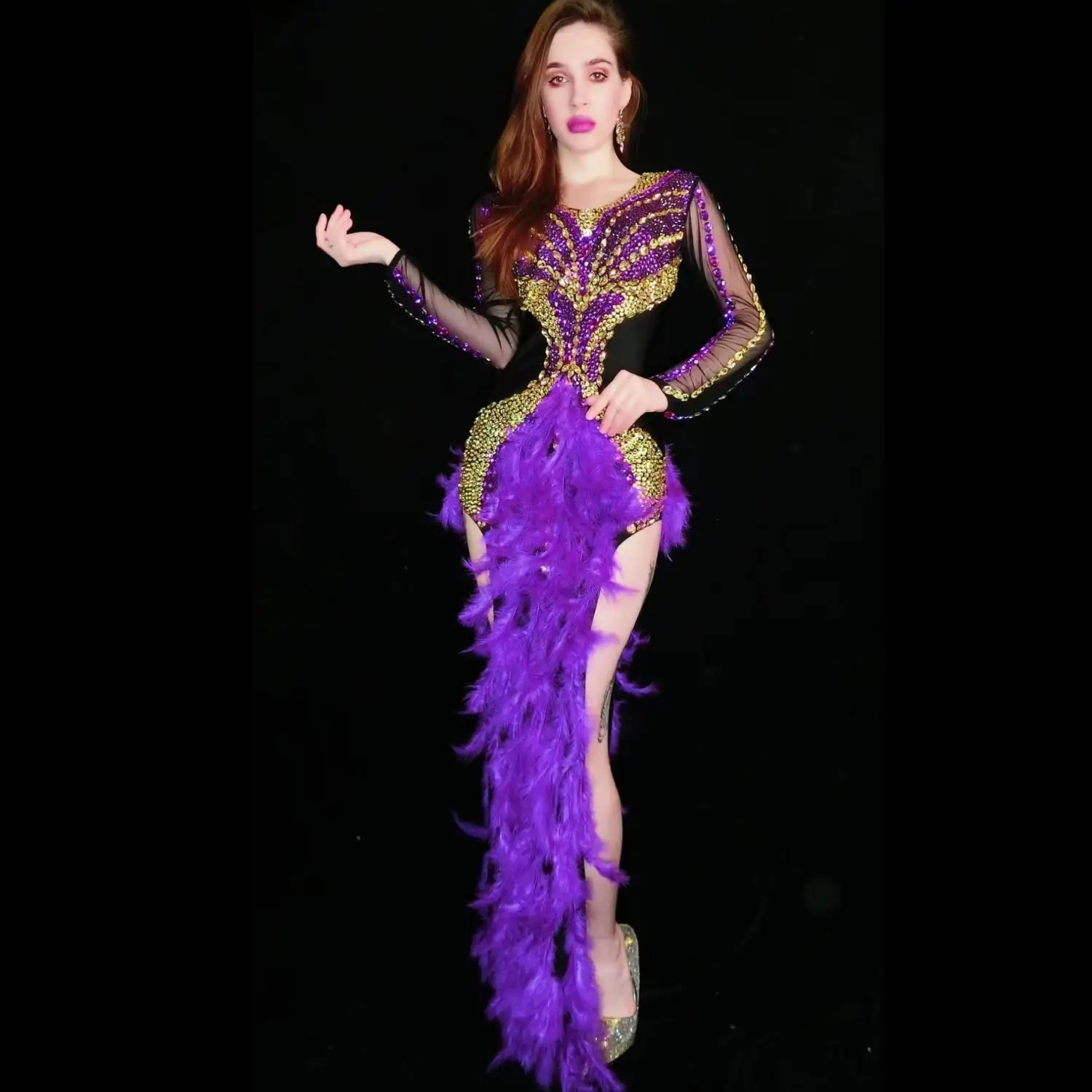 Luxurious Rhinestone Split Purple Feather Dresses Women Backless Birthday Celebrate Evening Prom Gown Singer Stage Costume Zimi