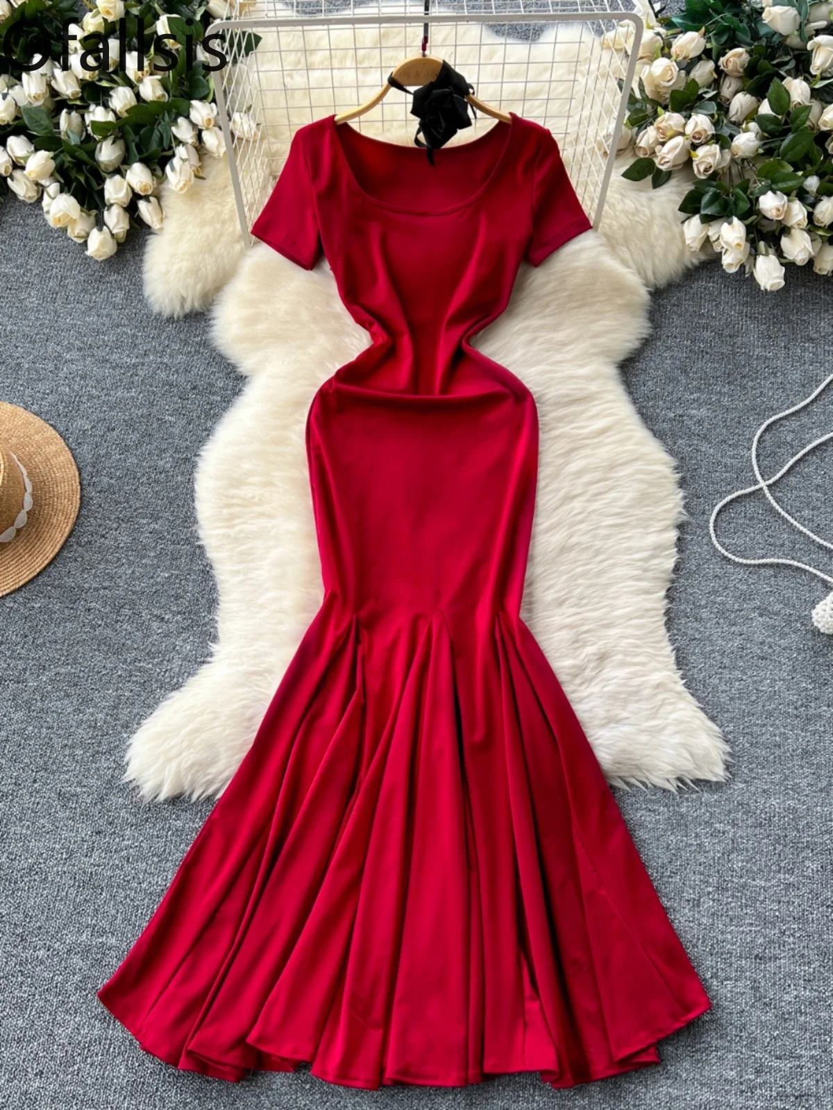 Ofallsis Wine Red High end Temperament Dress 2024 Women's Summer New Slim Fit Square Neck Short Sleeved Fishtail Long Dresses