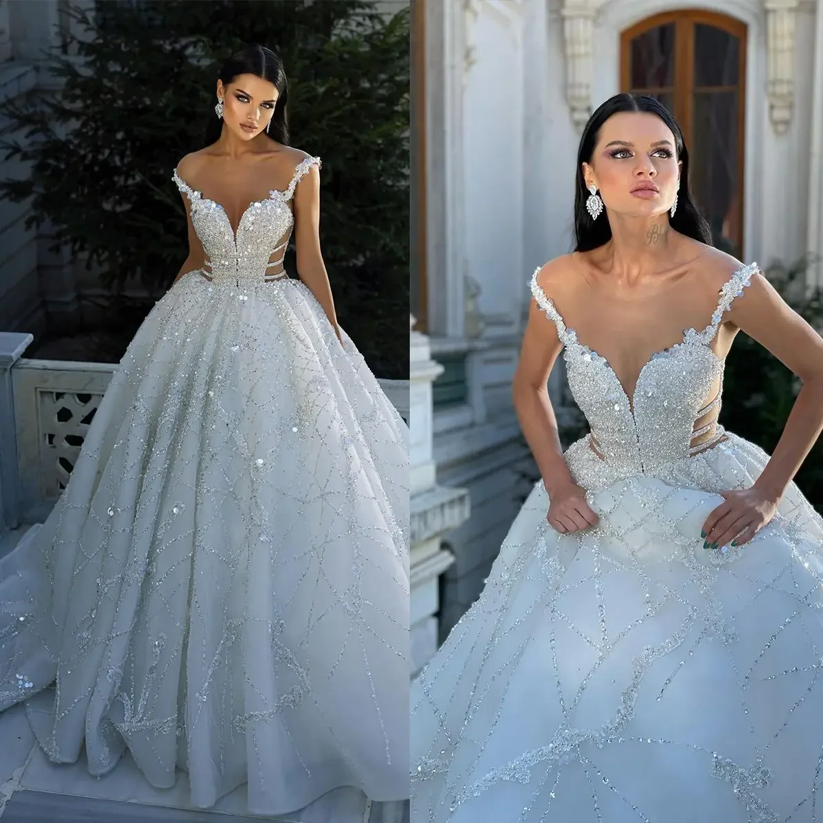 Vestidos de casamento inchados de luxo personalizados 2023 fora do ombro contas cristais split side noiva vestidos de noiva árabe dubai vestid