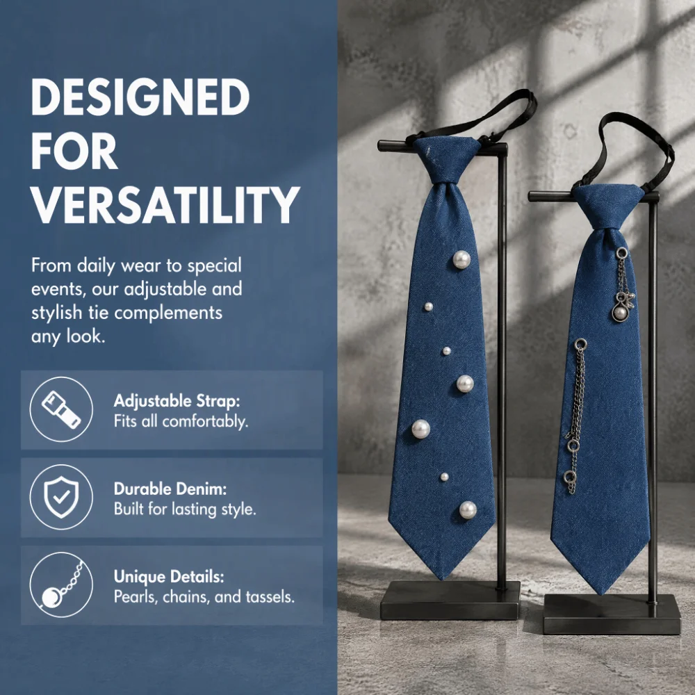 Cowboy Style Denim Pre Tied Necktie Beaded with Tassel Costume JK Tie‌ Adjustable Elastic Strap Denim Pearl Necktie Club Party