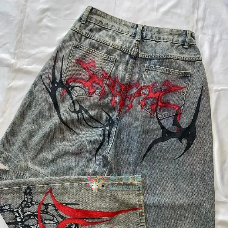 Y2k Hip Hop Ripped Wide-leg Jeans New Baggy Denim Pants Autumn Retro Harajuku Gothic Spike Print Women's JEANS Cool Streetwear