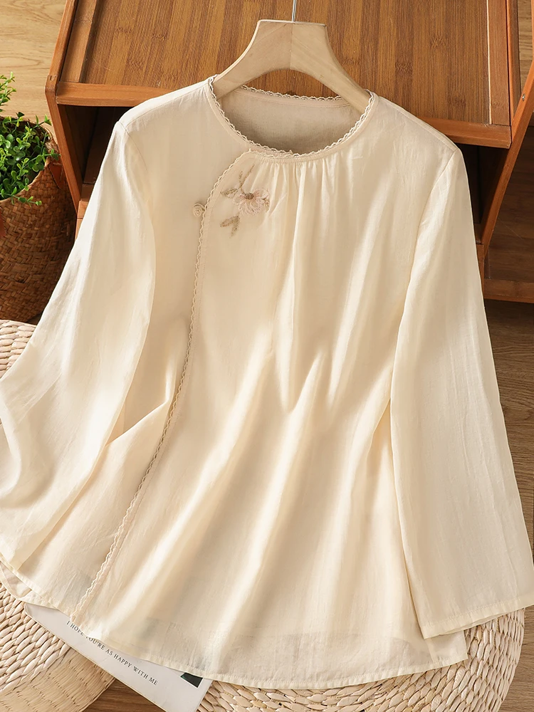 

Retro Zen Lace Trim Embroidered Casual Shirt Large Size Women's Side Button round Neck Seven Sleeve Loose Top Summer