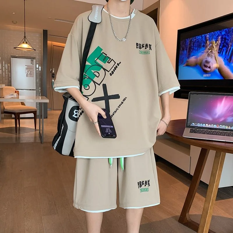 Hip Hop Summer Set 2023 Cool Boys' Letter Print Short Sleeve T-shirt Spliced Shorts High Street Vitality Casual Streetwear