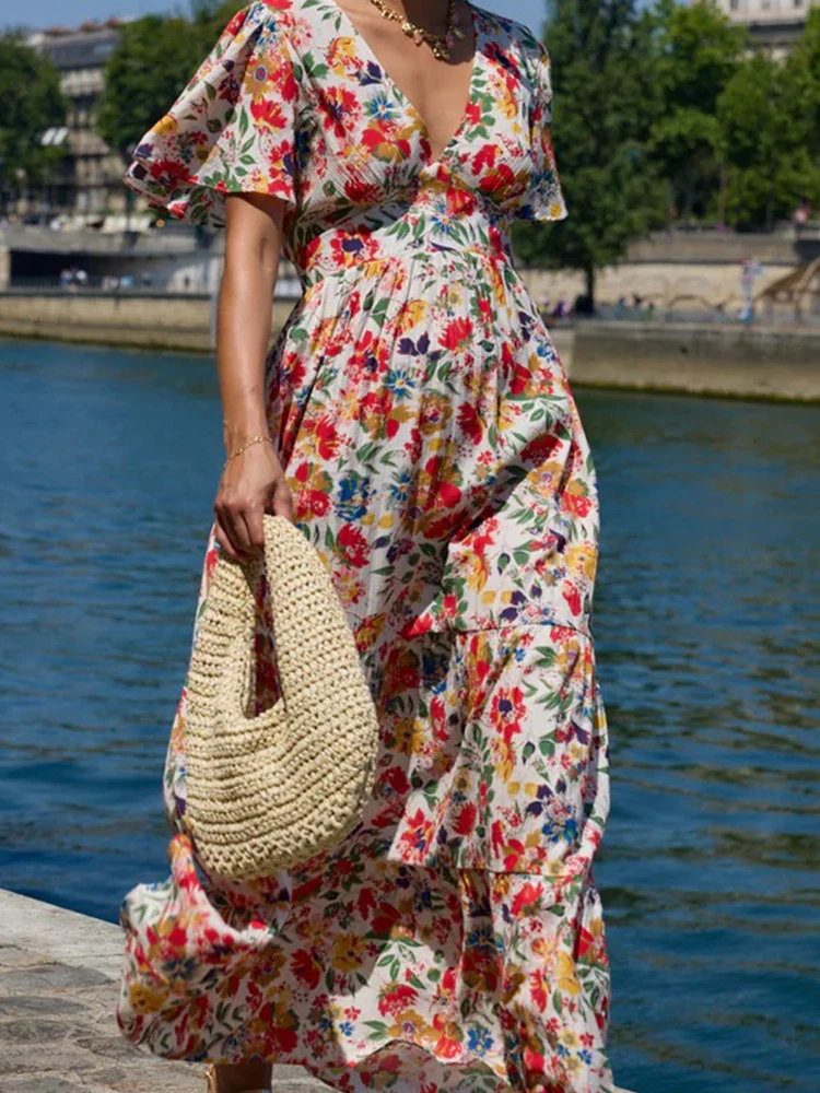 Elegante padrão impressão férias vestido de festa moda altura cintura solta vestido de manga curta senhoras sexy com decote em v plissado bohe vestido longo